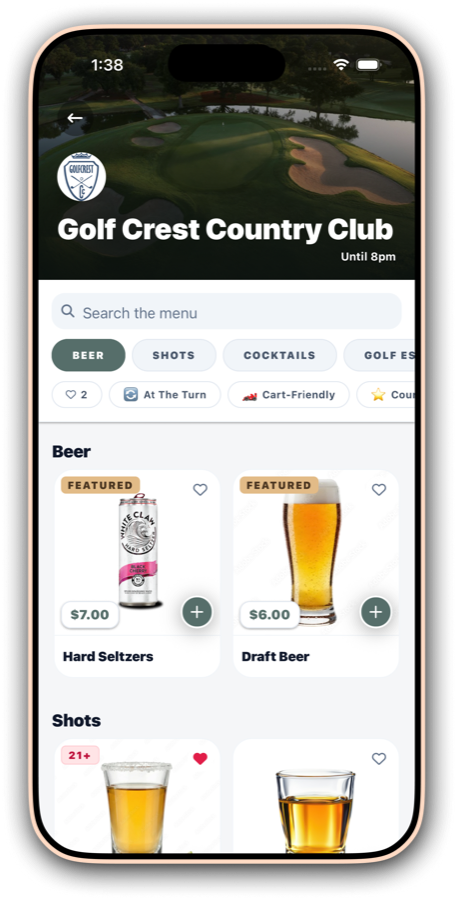 The course menu with categories and featured items