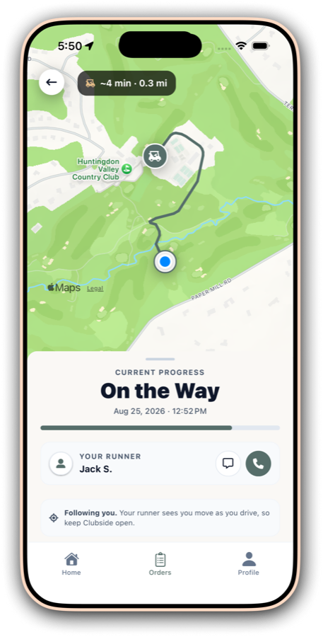 Live tracking with the runner routed along the cart paths and an ETA